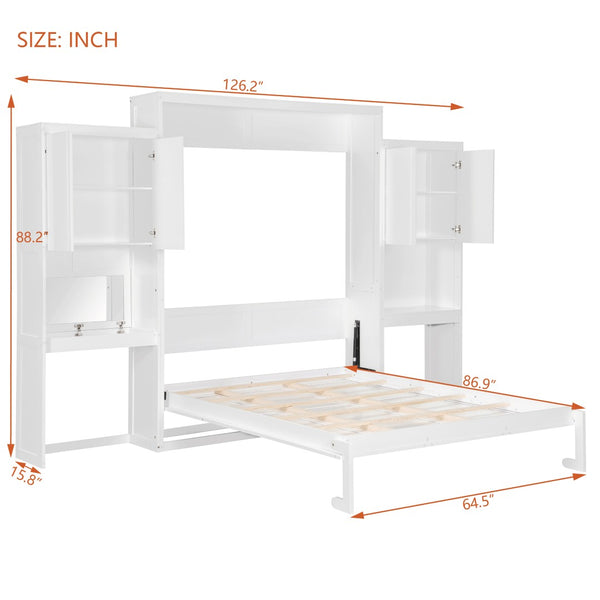 English Elm Queen Size Murphy Bed With Integrated Desk, Vanity & Storage - Stylish Space Saver For Small Living N820S00057K-GIGA
