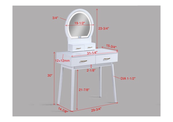 English Elm 3pc Vanity Set with LED Mirror and Cushioned Stool, Gold-Accented Handles, Sleek Modern Dressing Table White 21.75 L x 33.25 W x 13.5 H B011P378511