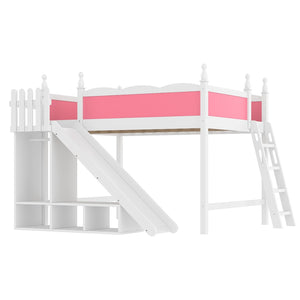 English Elm Queen Solid Pine Loft Bed with Wardrobe Shelves Detachable Slide and Dual Sleeping Zones Pink,White W5305S00026