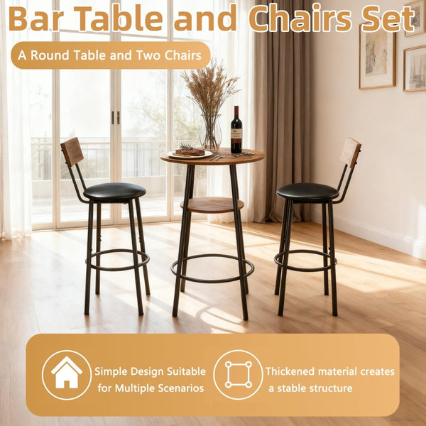 English Elm 3 Piece Bar Height Dining Set with Two Tier Storage and Pu Upholstered Stools Rustic W3204P428254