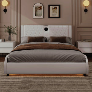 English Elm Full Faux Leather Upholstered Bed with Thick Headboard, Bluetooth Speakers, RGB LEDs & Storage White 56.69 L x 19.69 W x 12.99 H N701P241046C
