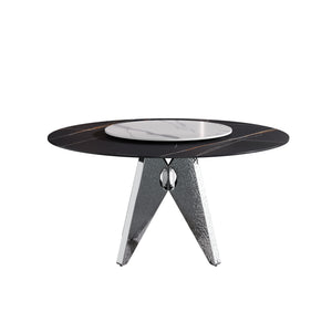 English Elm 59.05" Round Marble Dining Table With Silver Stainless Steel Base & 31.5" Lazy Susan For 6-8 Guests W1535S00393