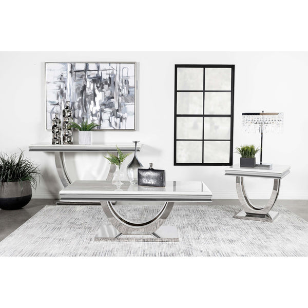 English Elm Durante White & Chrome U-Shaped End Table – Elegant Faux Marble Square Design For Modern Spaces B062S00723