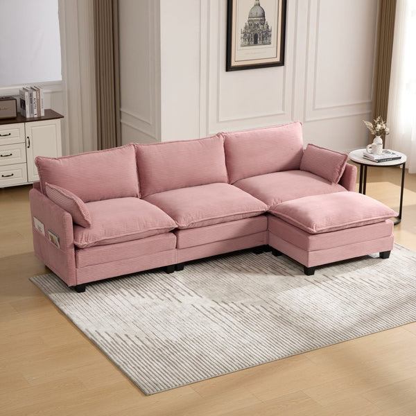 English Elm United We Win Modular Corduroy Sectional with Ottoman Low Profile Living Room Couch Pink W1568S00256