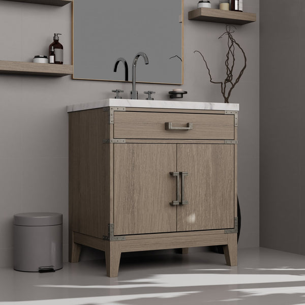 English Elm Grey Oak 30" Single Bath Vanity Set With Carrara Marble Top, 28" Mirror & Chrome Faucet Included B2731S02005