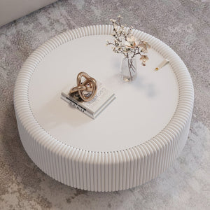 English Elm Black Round Fluted Pu Leather Coffee Table Tempered Glass Top Hidden Storage Modern Cream White W3081P428979