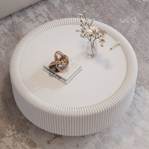 English Elm Black Round Fluted Pu Leather Coffee Table Tempered Glass Top Hidden Storage Modern Cream White W3081P428979