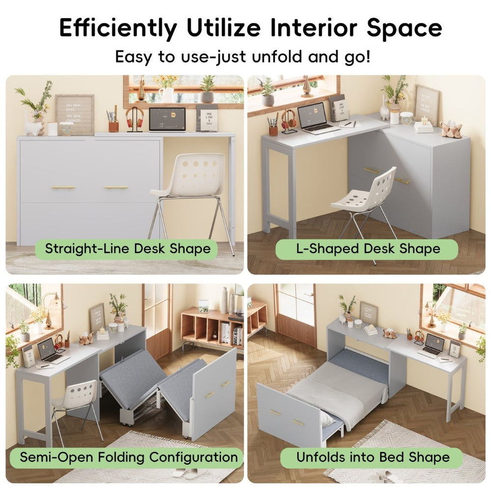 English Elm Twin Size Murphy Cabinet Bed With Adjustable Desk - Space-Saving Gray Chest Dresser For Guests N733P272603E-GIGA