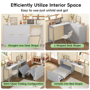 English Elm Twin Size Murphy Cabinet Bed With Adjustable Desk - Space-Saving Gray Chest Dresser For Guests N733P272603E-GIGA