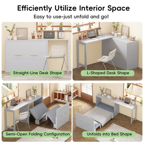 English Elm Twin Size Murphy Cabinet Bed With Adjustable Desk - Space-Saving Gray Chest Dresser For Guests N733P272603E-GIGA
