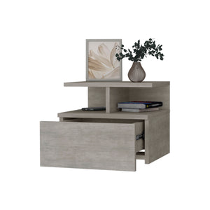 English Elm Augusta Floating Nightstand Concrete Gray — Wall-Mount 1-Drawer + 2-Tier Shelf, Space-Saving Modern Design B128P176116
