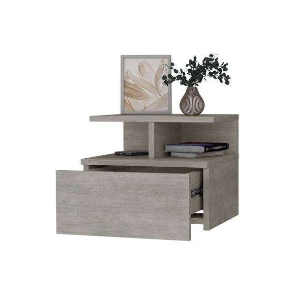 English Elm Augusta Floating Nightstand Concrete Gray — Wall-Mount 1-Drawer + 2-Tier Shelf, Space-Saving Modern Design B128P176116