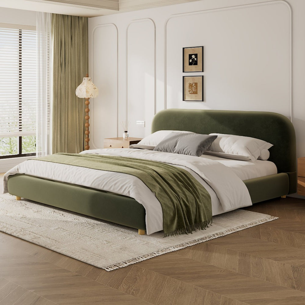 English Elm King Platform Bed Curved Boucle Upholstered Headboard Solid Rubberwood Legs Modern Bedroom N757P411870V