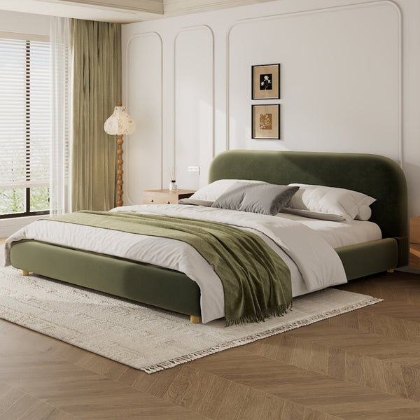 English Elm King Platform Bed Curved Boucle Upholstered Headboard Solid Rubberwood Legs Modern Bedroom N757P411870V