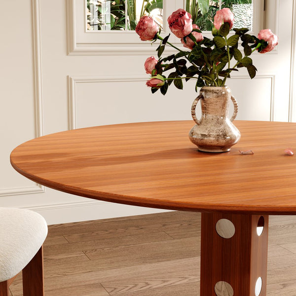 English Elm Farmhouse Round Dining Table For 2-4, Walnut Solid Wood Top & Durable Iron Base, Rustic Charm T3833S00060