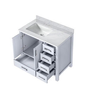 English Elm White Bath Vanity With Carrara Marble Top, Soft-Close Hardware & Ample Storage - 36" W X 22" D B2731P258808-GIGA