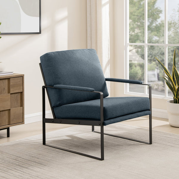 English Elm Walker Edison - Contemporary Indigo Blue Square Metal Frame Accent Chair with Upholstered Arms, Steel Frame, Easy Assembly B185P169254