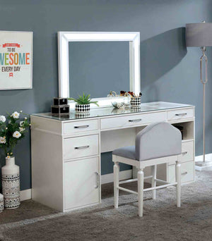 English Elm Contemporary Glam Vanity with Rhinestone Trim and Tempered Glass Top, High Gloss Finish, Illuminated Appeal White 65 L x 25 W x 11 H B2741S00676