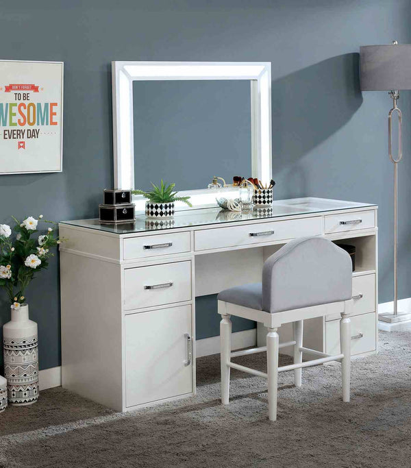 English Elm Contemporary Glam Vanity with Rhinestone Trim and Tempered Glass Top, High Gloss Finish, Illuminated Appeal White 65 L x 25 W x 11 H B2741S00676