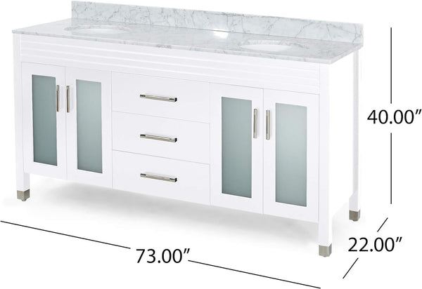 English Elm Christopher Knight Home® - 73'' Luxury Bathroom Vanity with Marble Top & Dual Ceramic Sinks, Freestanding 4-Door 3-Drawer Cabinet White N759S999013K