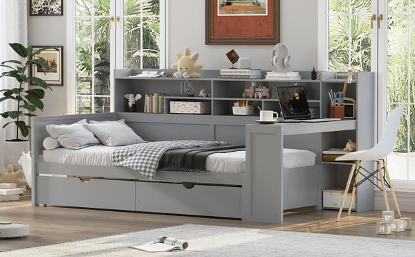 English Elm Wooden Twin Daybed with Built-In Desk, Side Shelves and Dual Drawers for Smart Space Saving Gray 54.9 L x 18.75 W x 5.6 H N733S241484E