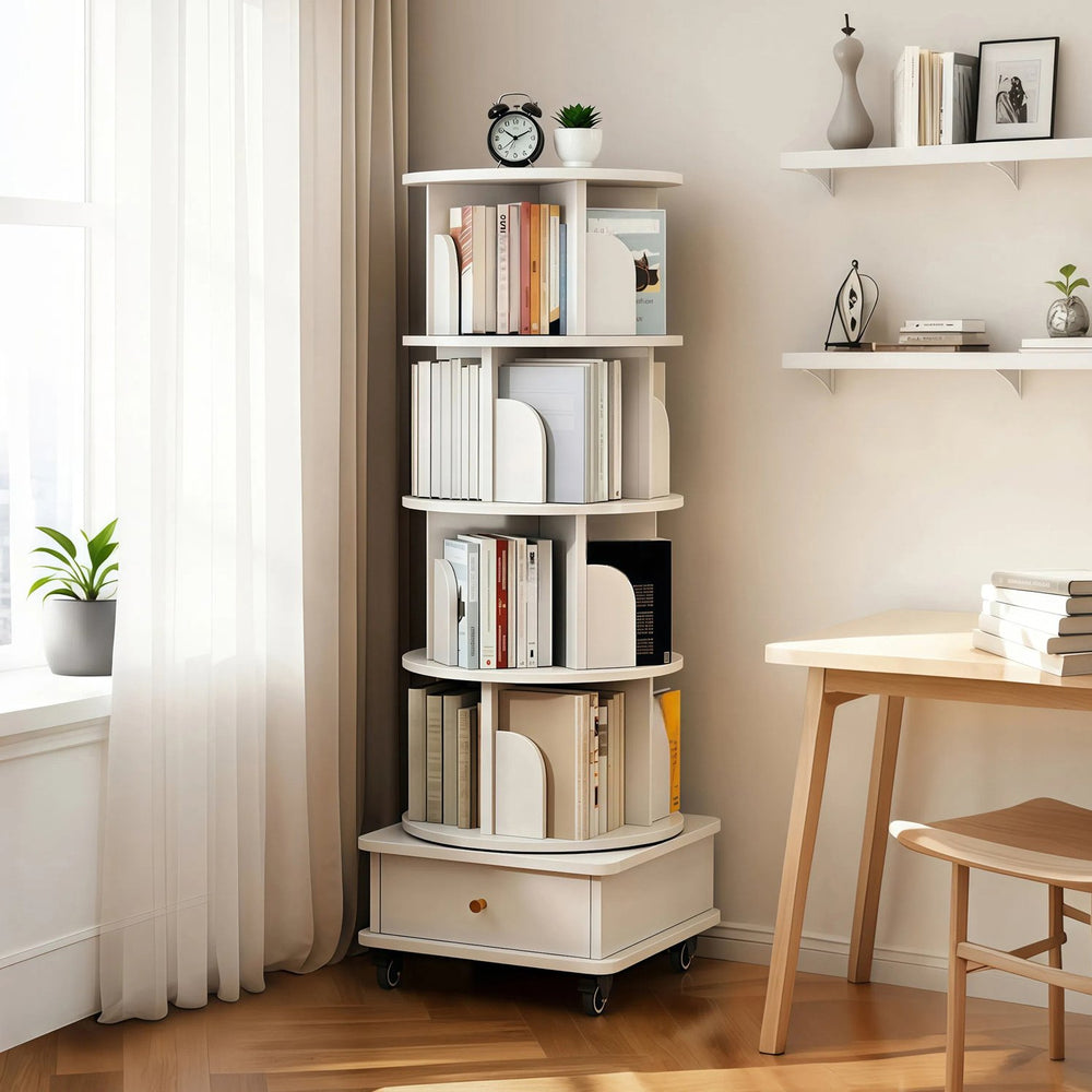 English Elm 5 Tier Rotating Bookshelf with 360° Spin, Locking Wheels, Stable Base & Drawer Storage for Home W3204P309488