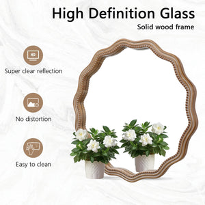 English Elm 23.62 Antique Natural Wood Round Wavy Wall Mirror with Scalloped Frame Modern Farmhouse Decor W2295P290646