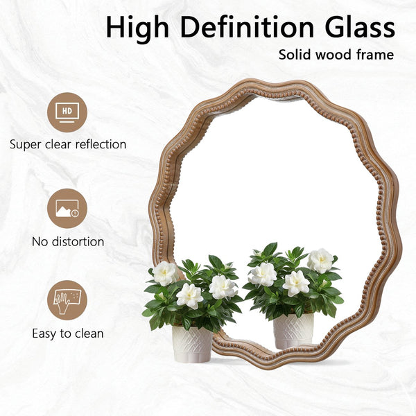 English Elm 23.62 Antique Natural Wood Round Wavy Wall Mirror with Scalloped Frame Modern Farmhouse Decor W2295P290646