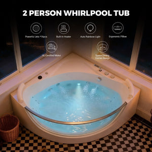 English Elm Korra Two Person Corner Whirlpool Tub Acrylic 16 Jet Spa with Heater and Chromotherapy W5619P449939