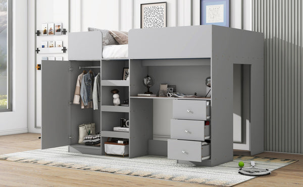 English Elm Wood Full Size Loft Bed with Built-In Wardrobe, Spacious Desk, Shelves and 3 Drawers for Storage Grey GX001819AAE