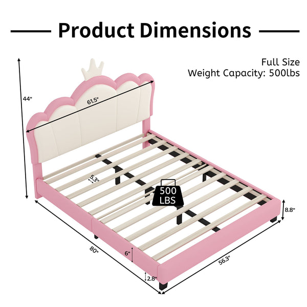 English Elm Full Upholstered Princess Bed with Crown Headboard — Sturdy Full Platform Bed for Girls, 500lb Capacity Pink 58.86 L x 25.98 W x 6.5 H N733P180808H