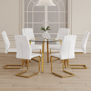 English Elm Table Modern Minimalist Round Glass Dining Set With White Pu Chairs & Gold Metal Legs For Style W1151S01715-GIGA