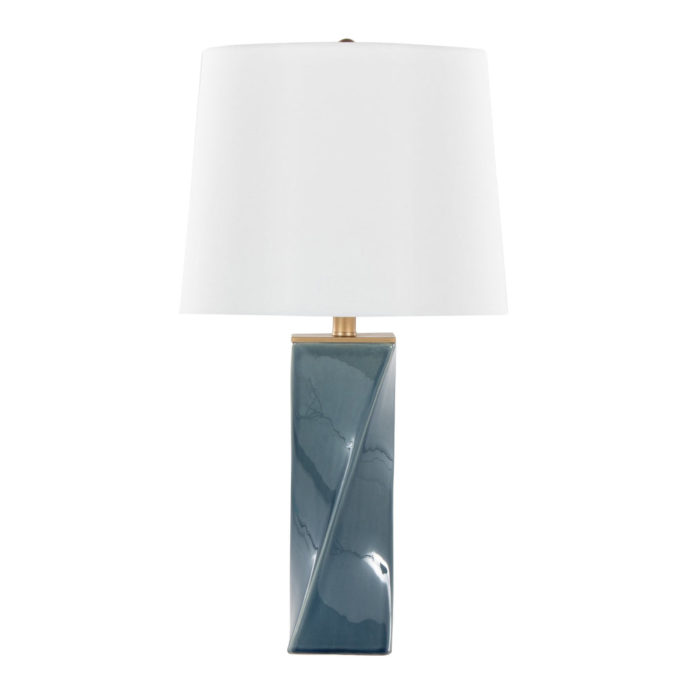 English Elm Curvo Twisted Ceramic 27" Table Lamp in Blue with Gold Accents & White Linen Shade — Art Deco Glow B202P224192