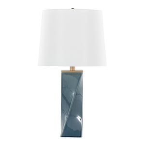 English Elm Curvo Twisted Ceramic 27" Table Lamp in Blue with Gold Accents & White Linen Shade — Art Deco Glow B202P224192