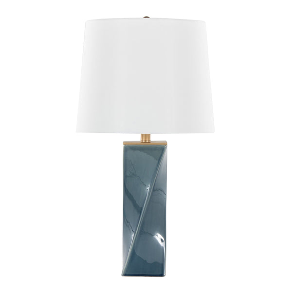 English Elm Curvo Twisted Ceramic 27" Table Lamp in Blue with Gold Accents & White Linen Shade — Art Deco Glow B202P224192
