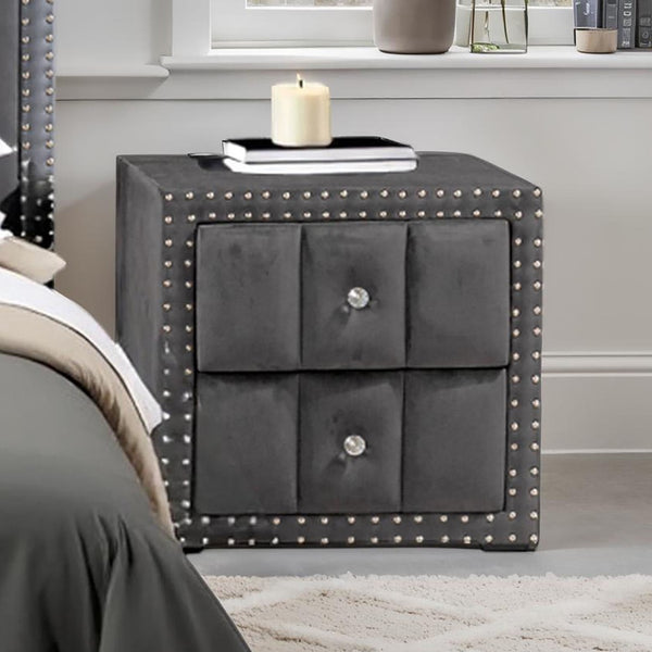 English Elm Beige Fabric Upholstered Nightstand with Channel Tufting Nailhead Trim and Crystal Knobs Dark Gray B2741P421105