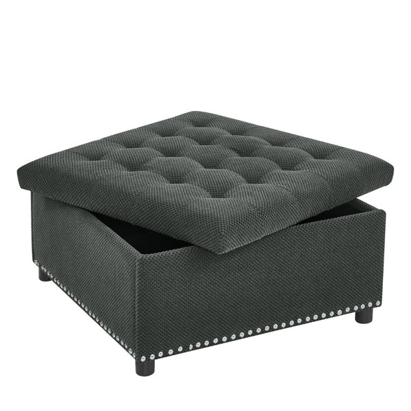 English Elm Storage Ottoman Tufted Nailhead Trim Lift Top Footstool for Living Room or Bedroom Dark Grey W5568P446991
