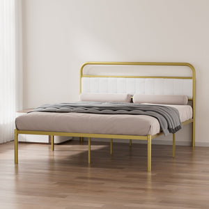 English Elm Queen-Size Beige Linen Platform Bed Frame with Gold Metal Accent, Upholstered Headboard, 800 lb Capacity W2992P233415