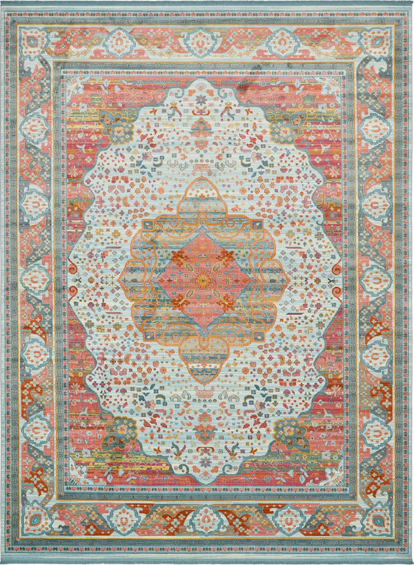 Unique Loom Baracoa Malecon Machine Made Border Rug Light Blue, Orange/Turquoise/Pink/Ivory 10' 0" x 13' 1"