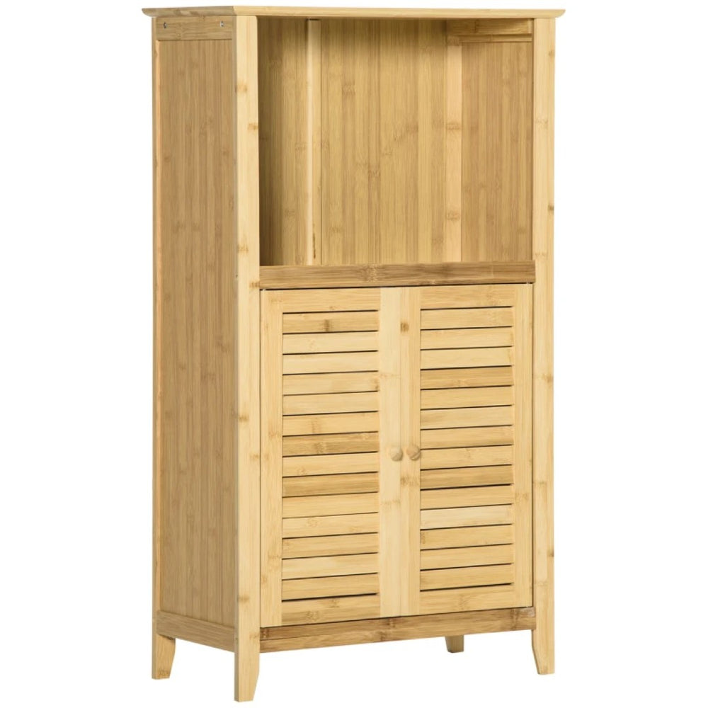 English Elm Home Bamboo Narrow Floor Cabinet with Slatted Doors Open Shelf Bathroom Storage T3971P465583