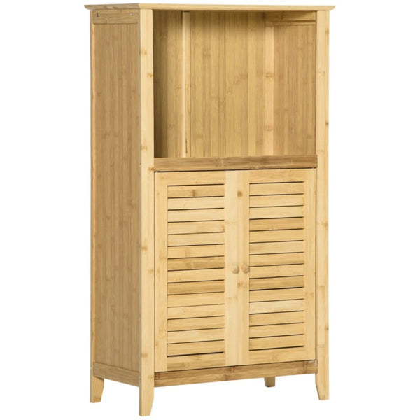 English Elm Home Bamboo Narrow Floor Cabinet with Slatted Doors Open Shelf Bathroom Storage T3971P465583