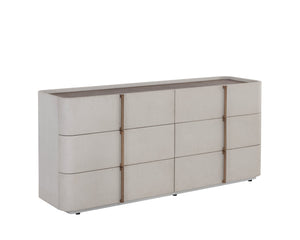 Sunpan Jamille Dresser - Elegant Cream Faux Leather with Brown Oak Top, 6 Soft-Close Drawers & Brass Base