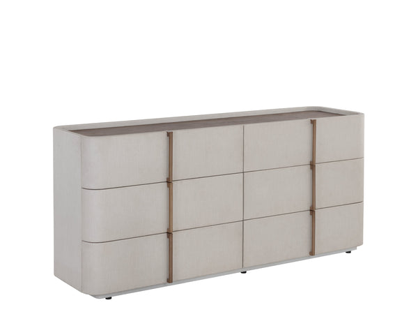 Sunpan Jamille Dresser - Elegant Cream Faux Leather with Brown Oak Top, 6 Soft-Close Drawers & Brass Base