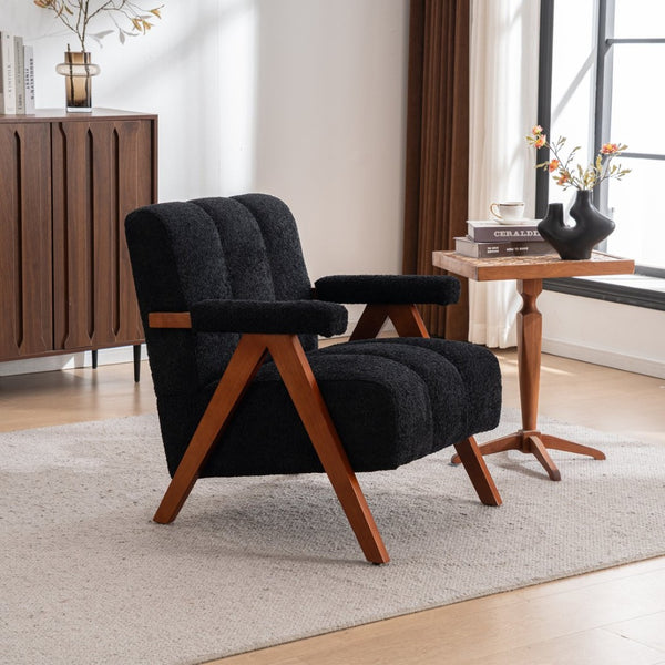 English Elm Mid-century Modern Chenille Accent Chair Cloud Silhouette Oak Frame Living Room Lounge Black W1170P425403