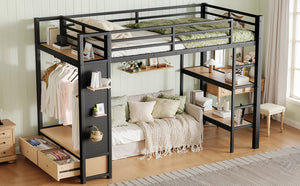 English Elm Full Size Pine Loft Bed House Frame with Slide Bookshelves and Moon Star Rails W1580S00590
