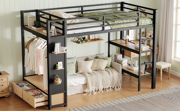 English Elm Full Size Pine Loft Bed House Frame with Slide Bookshelves and Moon Star Rails W1580S00590
