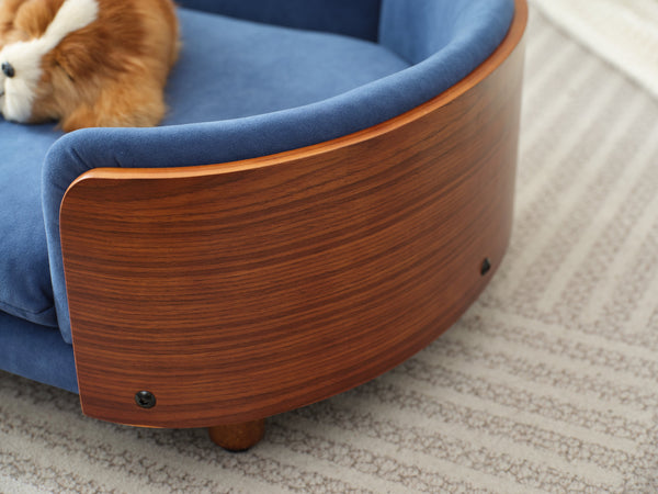 English Elm Scandinavian Elevated Pet Sofa Bed with Walnut Bent Wood Back, Velvet Stain-Resistant Fabric, Cozy Rest Dark Blue W794125923