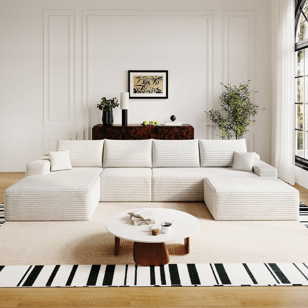 English Elm 135" Cloud Sectional Sofa With Ottoman - Cozy U-Shaped Minimalist Couch In Plush Corduroy, Black/White W2824S00119