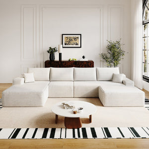 English Elm 135" Cloud Sectional Sofa With Ottoman - Cozy U-Shaped Minimalist Couch In Plush Corduroy, Black/White W2824S00119