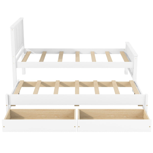 English Elm Twin Pine Platform Bed with Pull-out Trundle Storage Drawers for Kids or Guests White N7090008815K